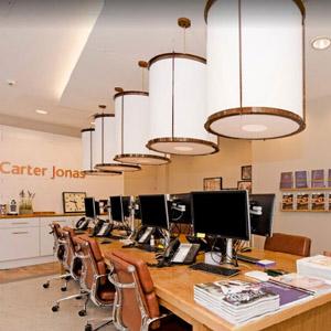 Carter Jonas Custom made white pendant lampshades above a office desk