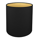 A tall drum standard lampshade in black with gold lining