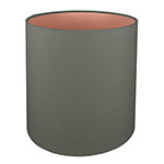 A charcoal grey coloured tall drum lampshade with copper lining