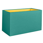 A teal rectangular lampshade with gold lining