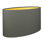A charcoal grey oval lampshade with gold lining