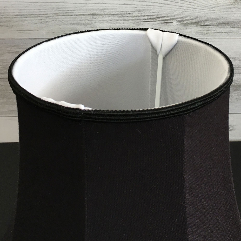 View from the top, Traditional Bowed Empire in Black Linen with a matching Black Soutache Trim. Showing the soft white interior lining.