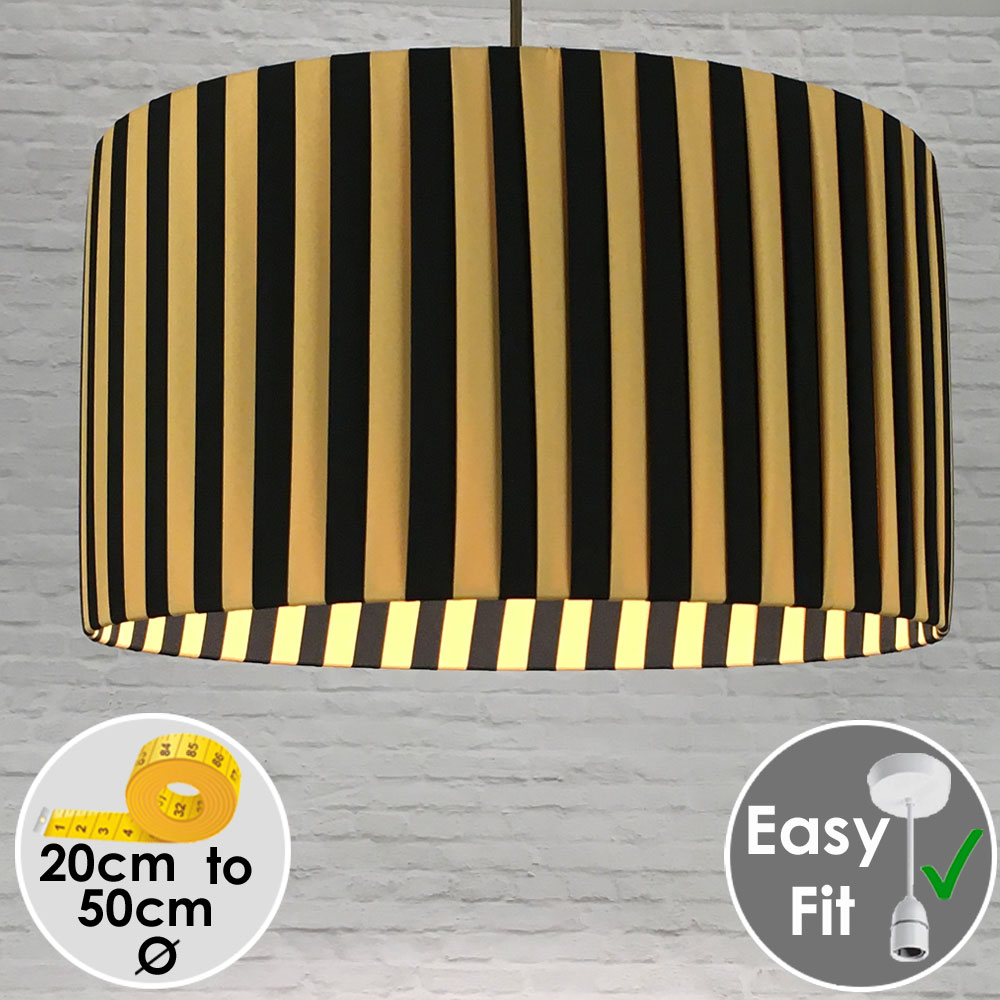 Pleated Drum Pendant lightshade in Black and Gold Striped Ribbon. Switched On