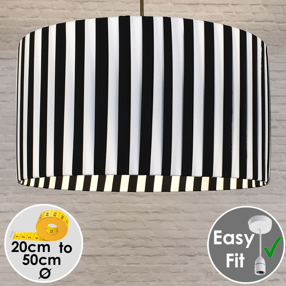Pleated Drum Pendant lightshade in Black and White Striped Ribbon. Switched On