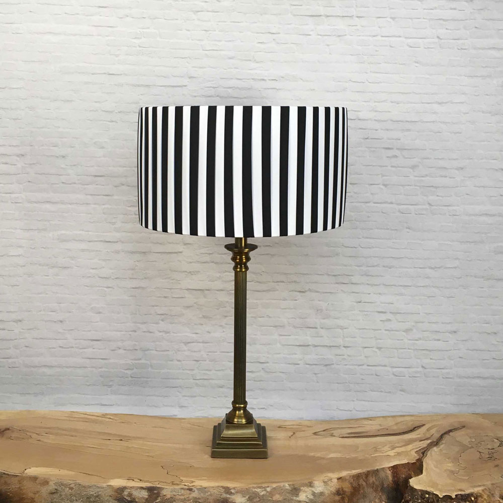 Pleated Drum Table Lampshade in Black and White Stripe Ribbon. Turned Off