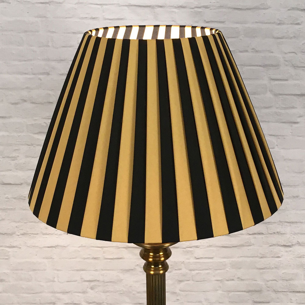 Knife Pleat Lampshade in Black and Gold Stripe for Table Lamp. Switched On