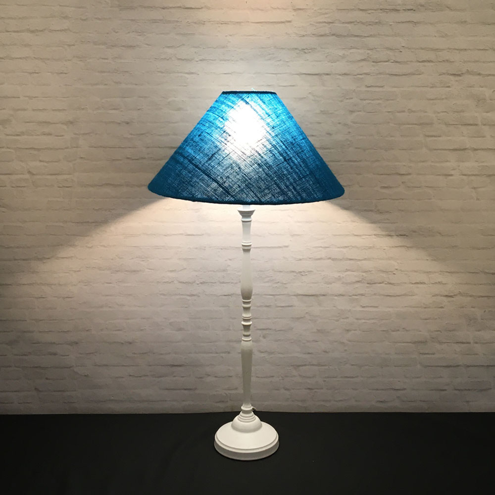 Blue hessian coolie table lamp with white wooden base