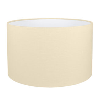 A cream brushed cotton drum lampshade with white PVC lining