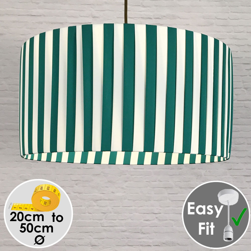 Pleated Drum Pendant lightshade in Green and Cream Striped Ribbon. Switched On