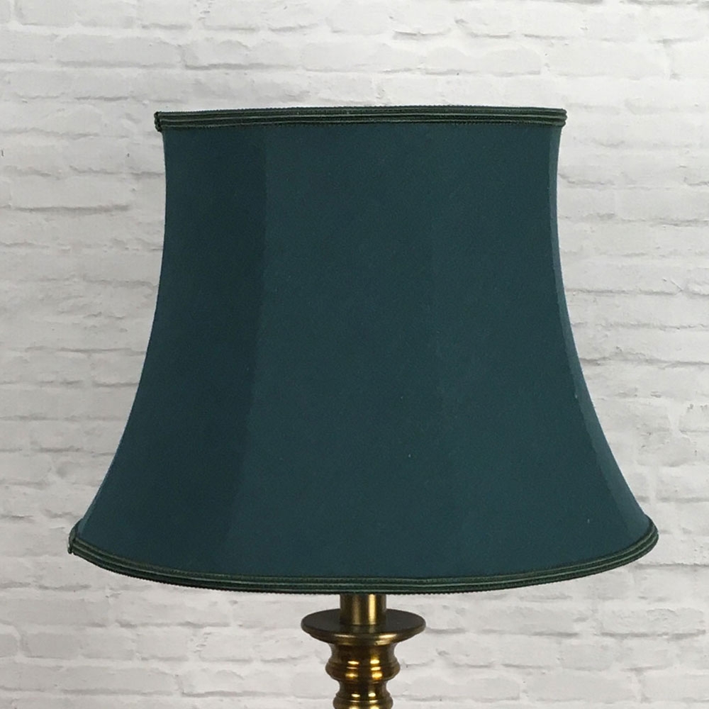 Retro Dark Green Bowed Drum Lampshade with a Dark Green Soutache trim. Shown on a table lamps Switched off