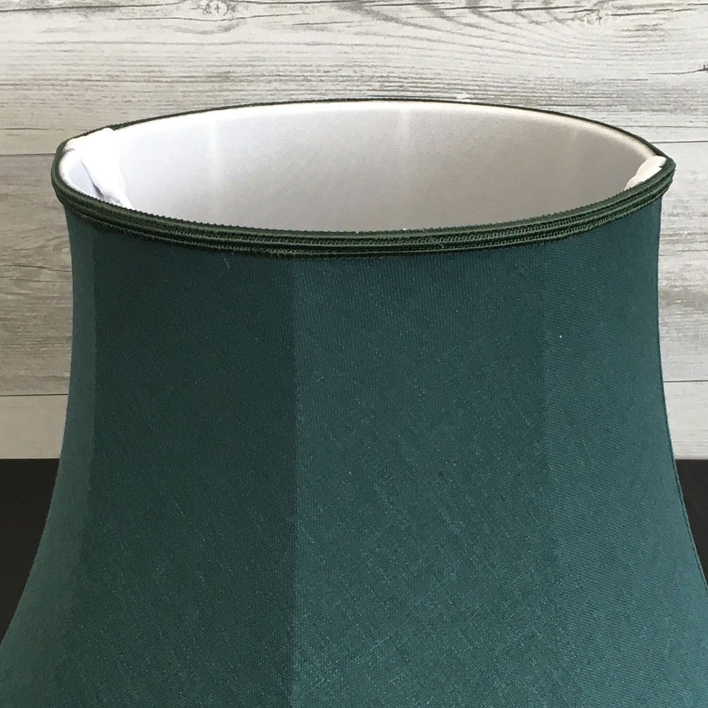 Top view of the Dark Green Bowed Drum Lampshade with Dark Green Soutache trim. Also showing the soft white internal lining.