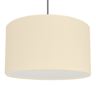 A drum hanging ceiling lampshade shown in a cream brushed cotton with white removable diffuser