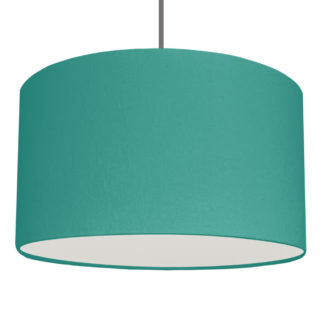 A hanging pendant drum in Teal brushed cotton lampshade with white removable diffuser