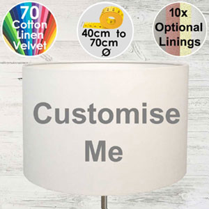 Click to customise our drum lampshade with your choice of size, lining and fabric colour. Made in sizes for table and standard lamps.
