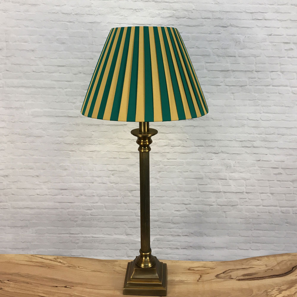 Pleated Lampshade in Green and Gold Stripe on a Table Lamp