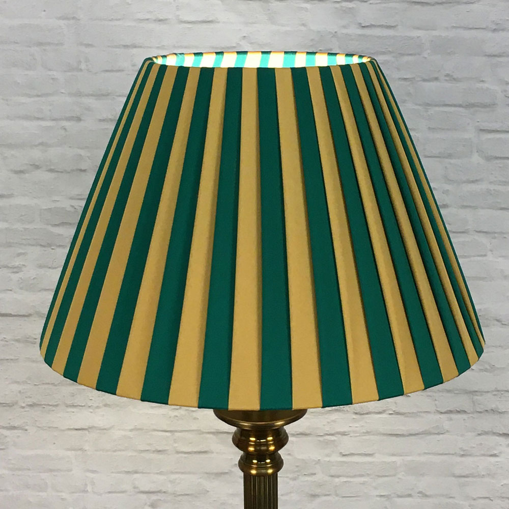 Knife Pleat Lampshade in Green and Gold Stripe for Table Lamp. Switched On