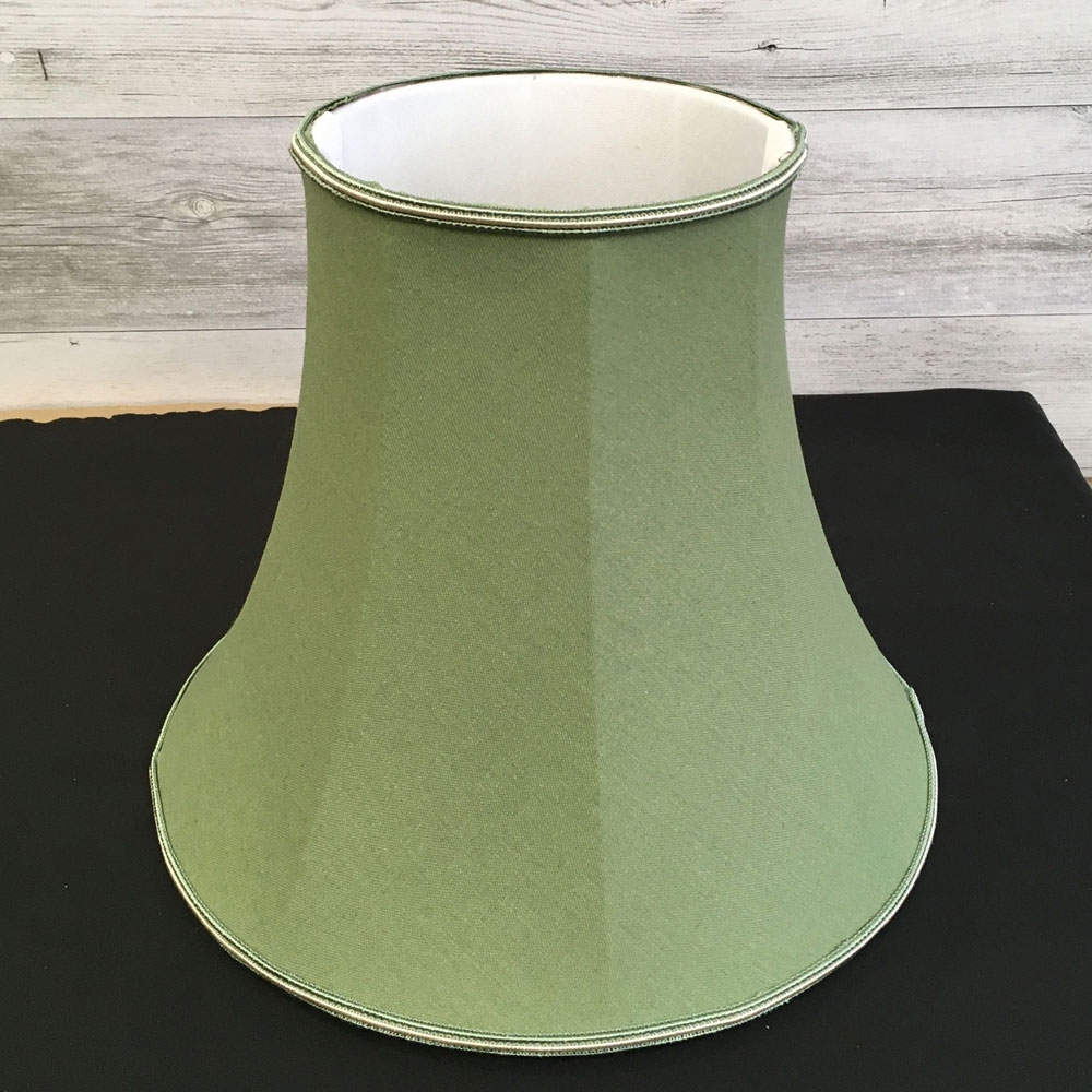 View from the top, Traditional Bowed Empire in Moss Linen with a matching Green and Oyster Soutache Trim. Showing the soft white interior lining.