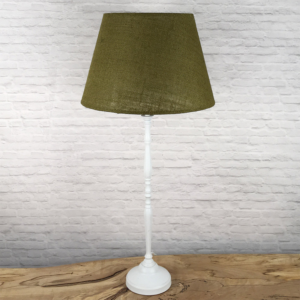 Olive green burlap lampshade on table lamp unlit