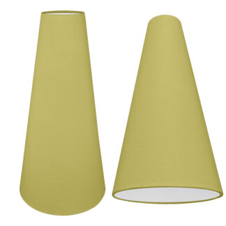 A tall cone lampshade with a kiwi green brushed cotton outer and plain white PVC inner