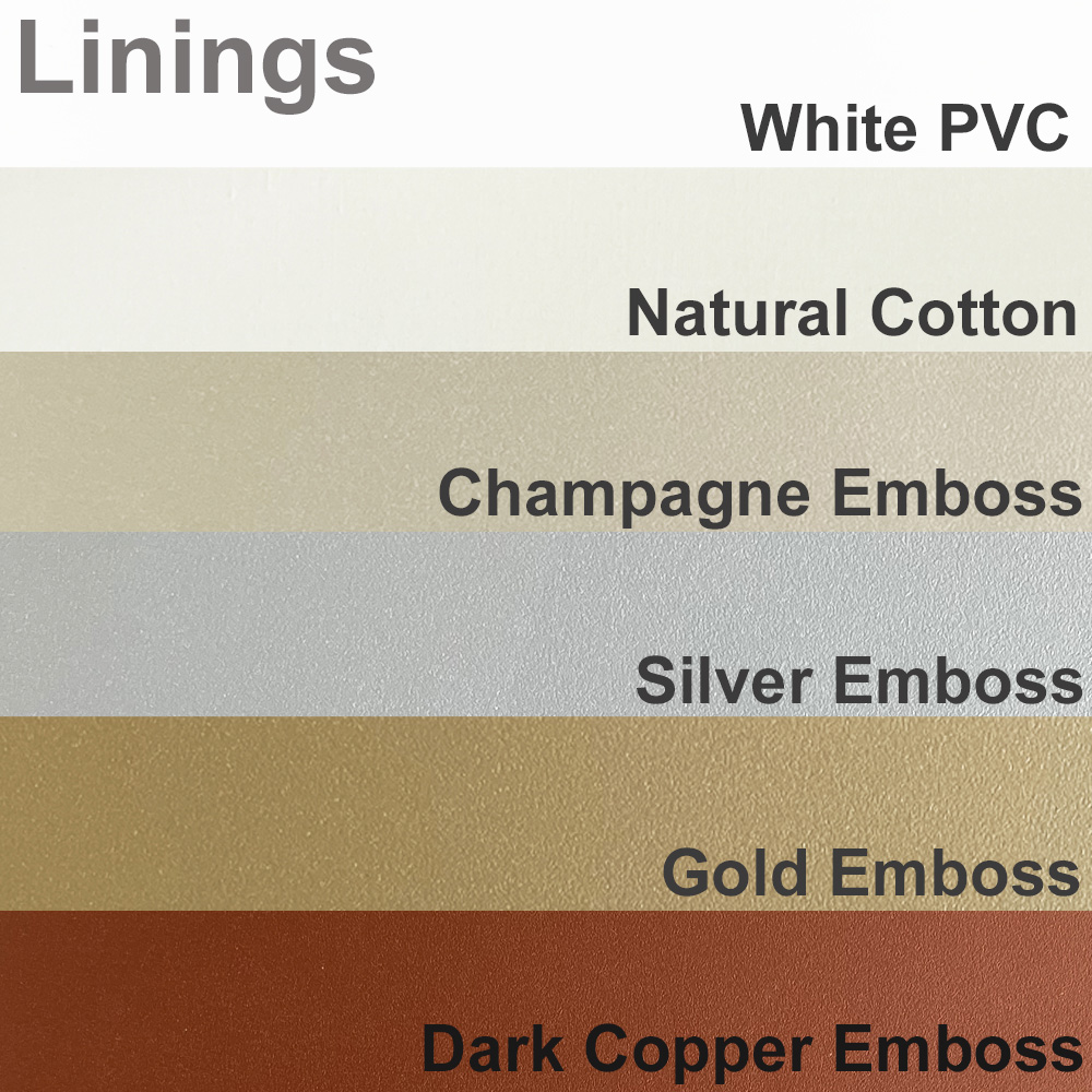 Lining Options showing white, natural cotton, champagne,silver, gold and dark copper