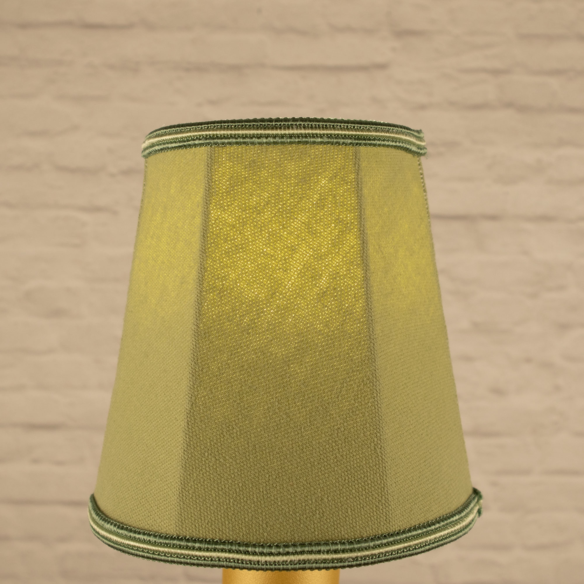 Lit pear empire brushed cotton candle shade with green and pear soutache trim
