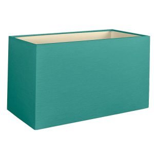 A teal rectangle lampshade with teal brushed cotton outer and metallic champagne inner