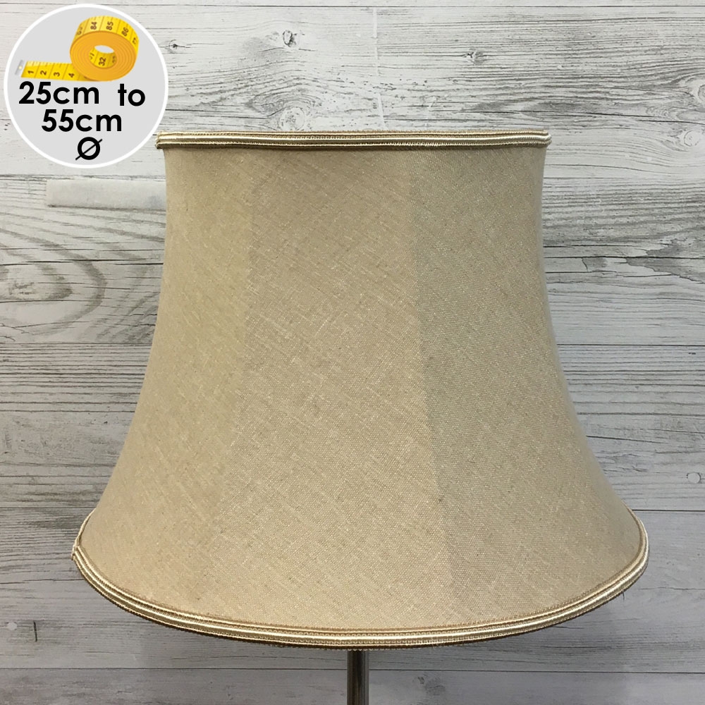 Traditional Husk Linen Bowed Drum with a two tone Fawn and Oyster Soutache trim. For Floor Lamp. Switched Off