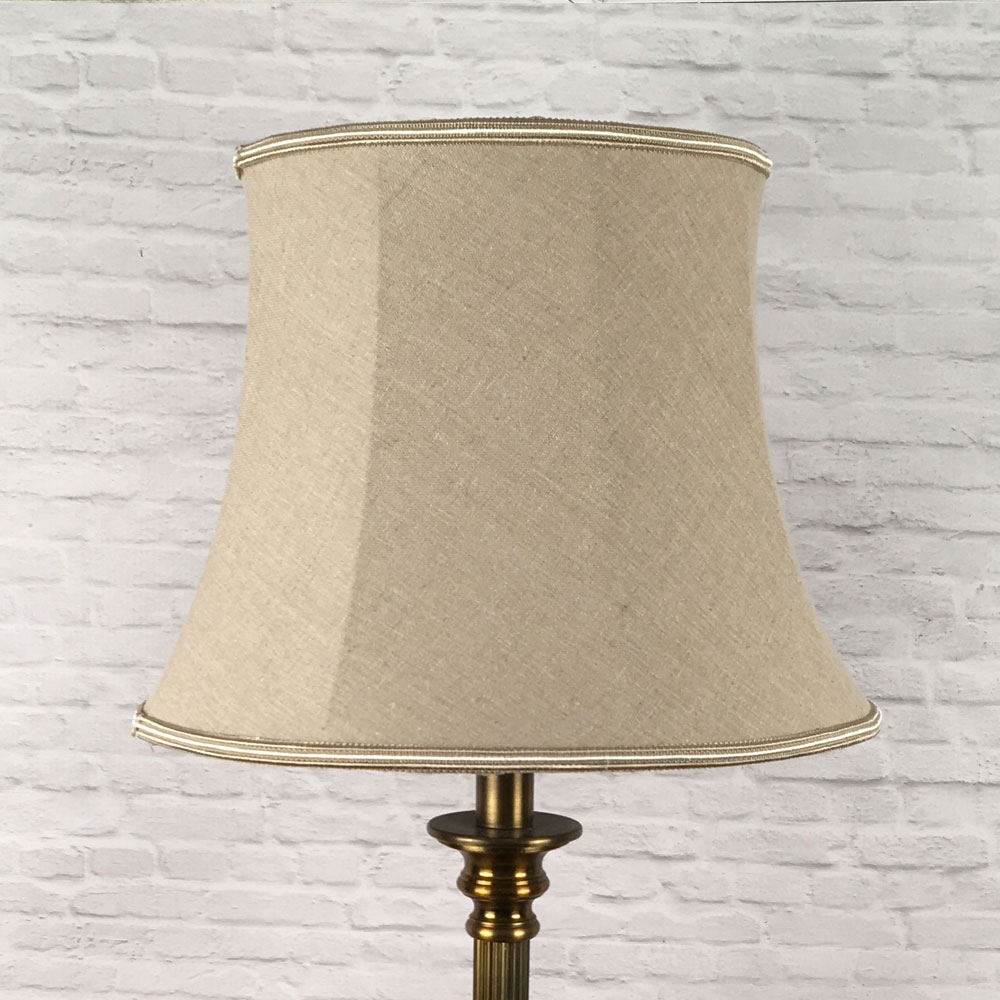 Vintage Husk Linen Bowed Drum Lampshade with a Two Tone Fawn and Oyster Soutache Trim. Suitable for all Table, Floor and Standard Lamps. Switched Off