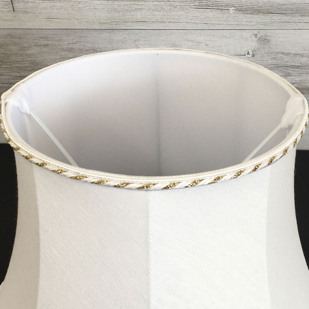 Top view of the White Linen Bowed Drum Lampshade with White and Gold Rope trim. Also showing the soft white internal lining.
