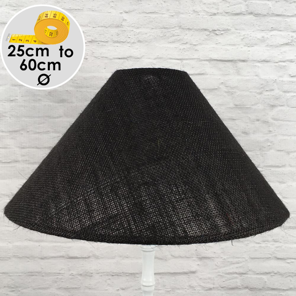 Black hessian Coolie lampshade shown in a front view