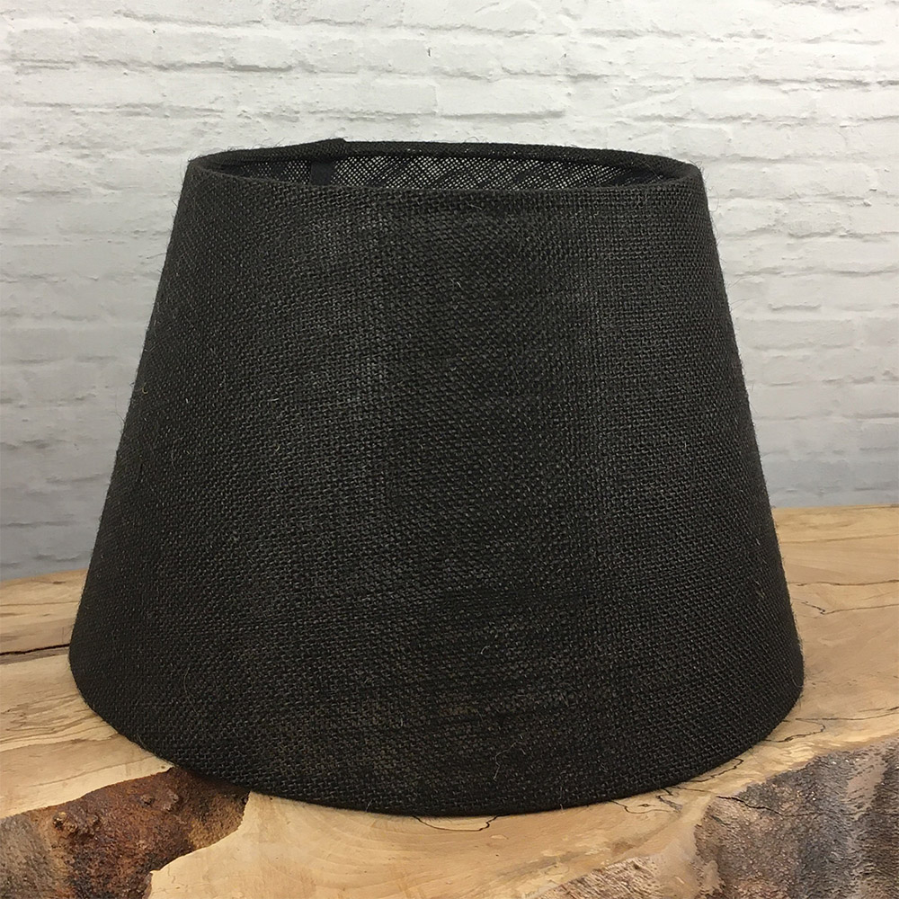 Black hessian tapered drum lampshade showing woven burlap texture and tapered shape