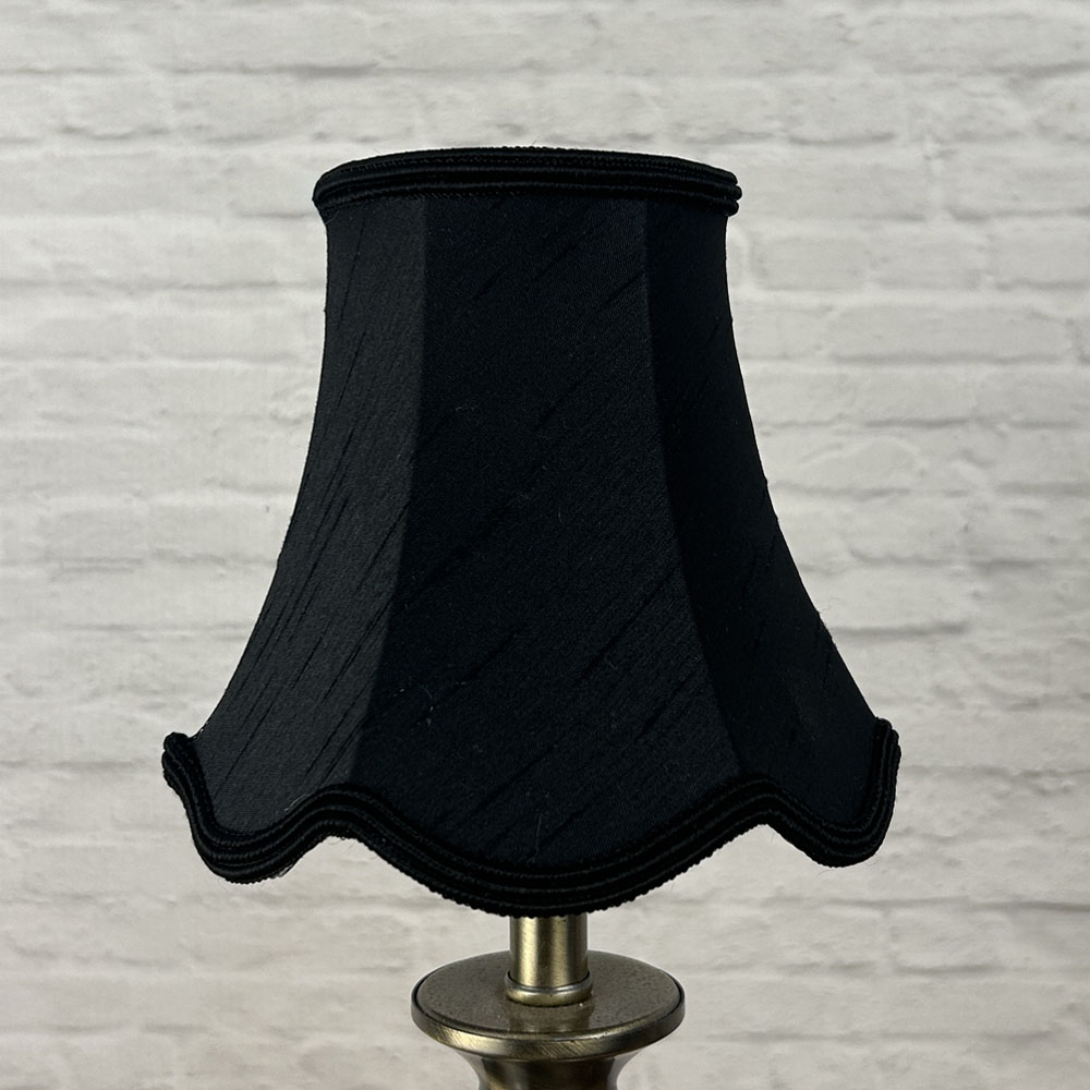 Black faux silk scalloped chandelier shade with soutache trim unlit