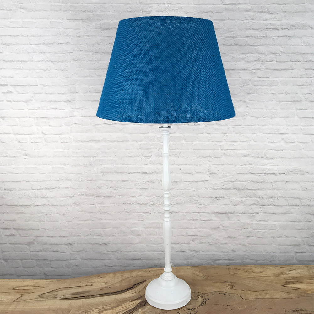 Blue hessian tapered lampshade on table lamp