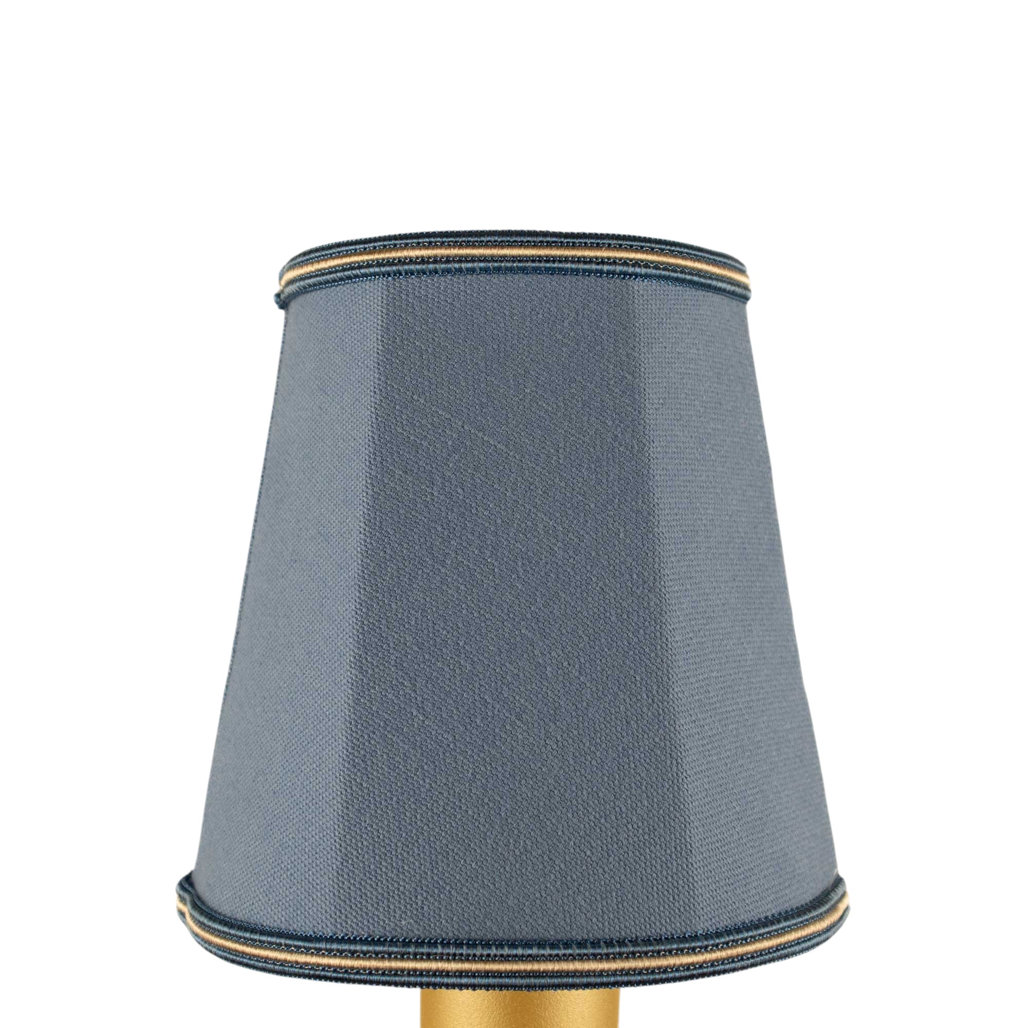 Empire brushed cotton candle shade in blue with blue and fawn soutache trim