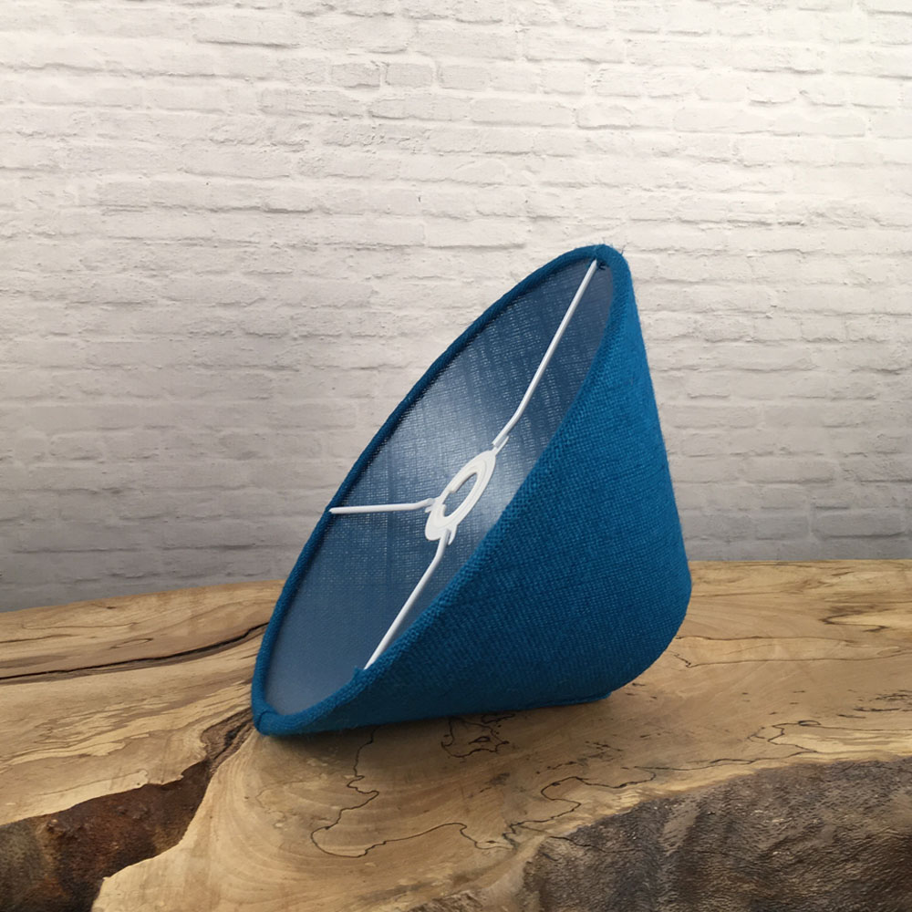 Interior view of blue hessian coolie lampshade with white frame