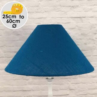Blue hessian Coolie lampshade shown in a front view