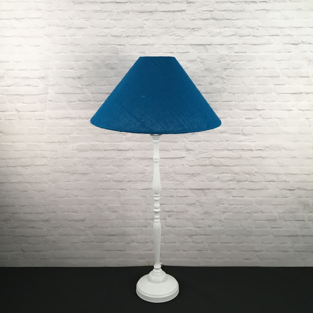 Blue hessian coolie lampshade on white table lamp base, unlit