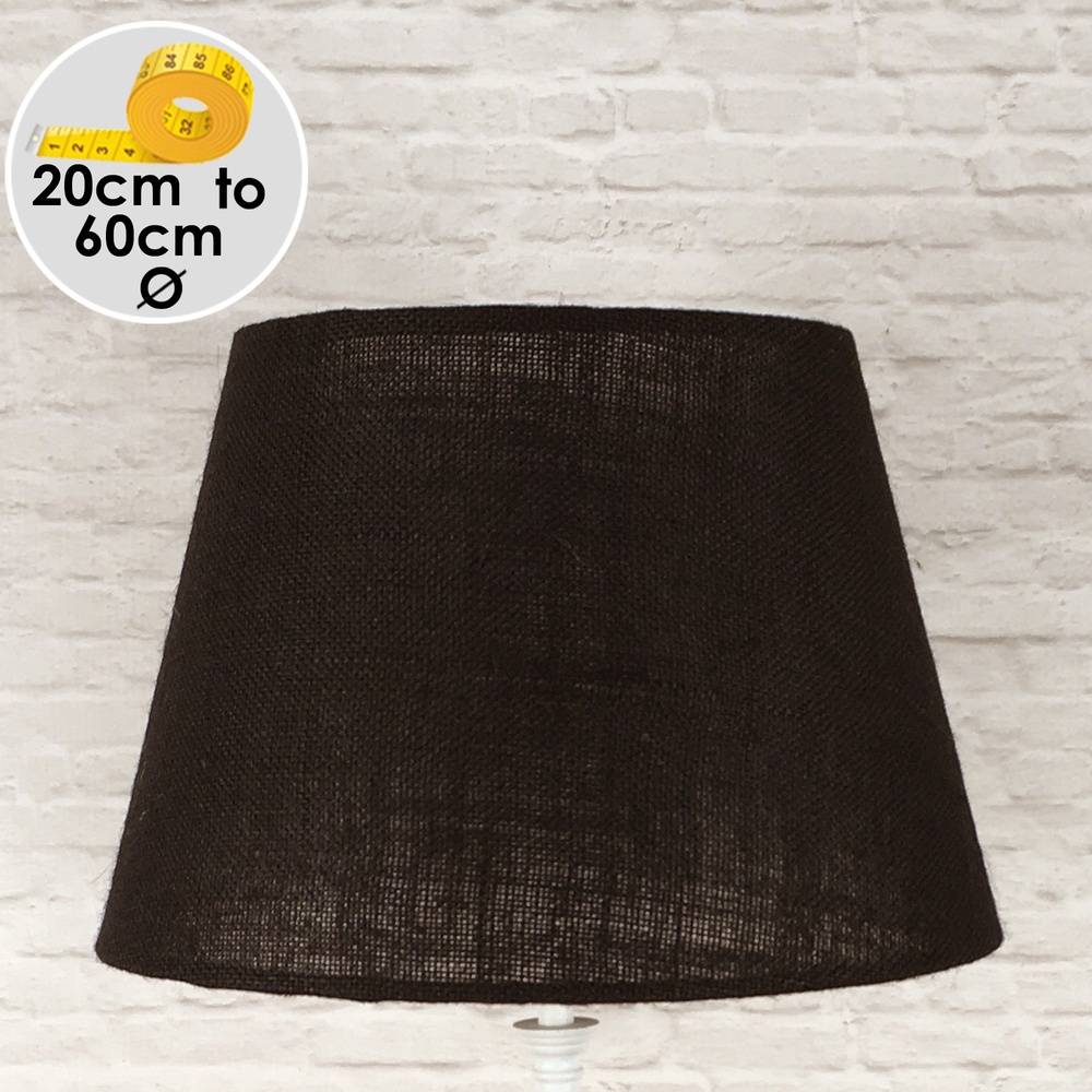Brown hessian tapered drum lampshade shown in a front view