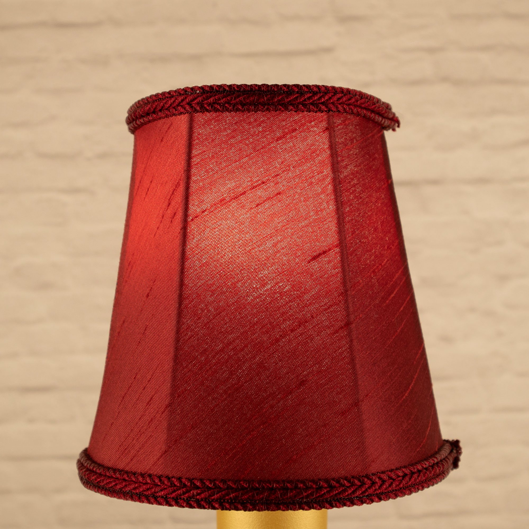 Lit ruby empire faux silk chandelier shade with matching trim