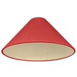 A red coolie shaped lampshade with champagne coloured lining