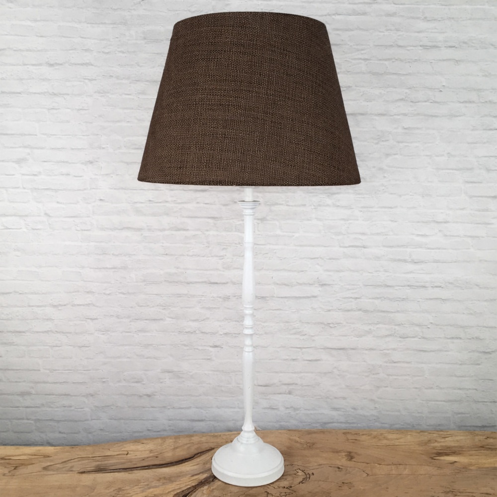 Brown hessian lampshade on table lamp unlit