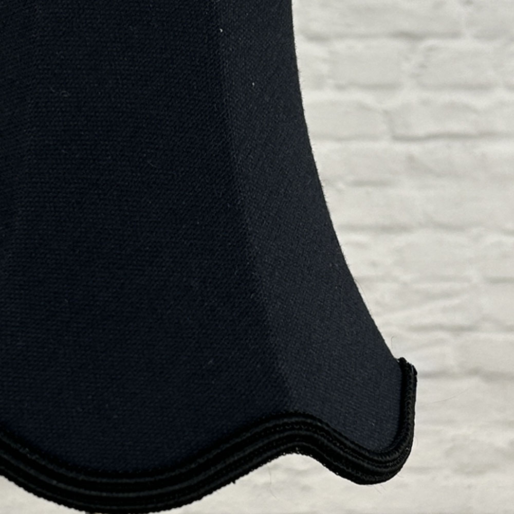 Close-up of black brushed cotton scalloped chandelier shade with matching black soutache trim