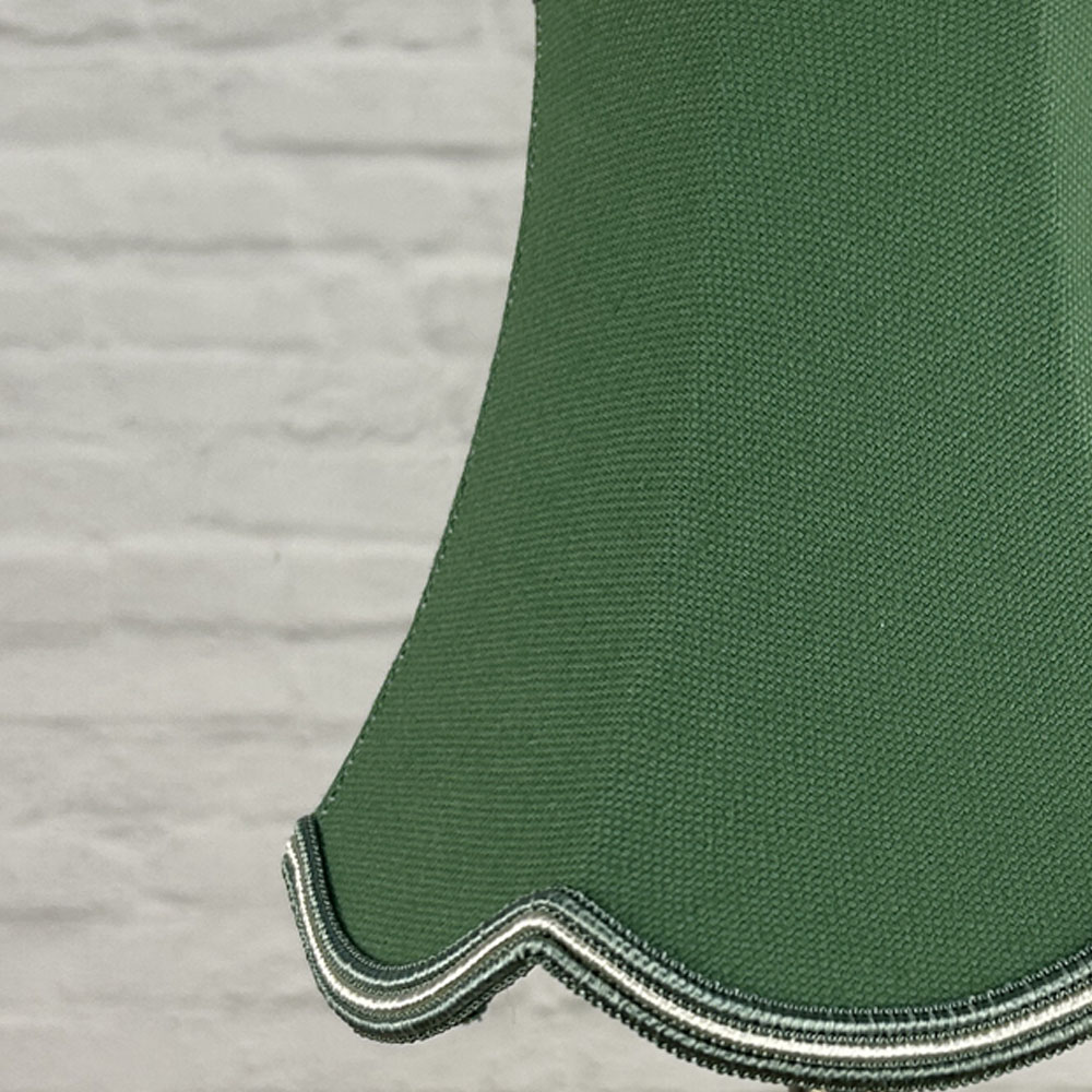 Close-up of green brushed cotton scalloped chandelier shade with oyster soutache trim