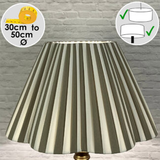 Front view of Cream and Taupe striped daisy pleated lampshade with scalloped edge
