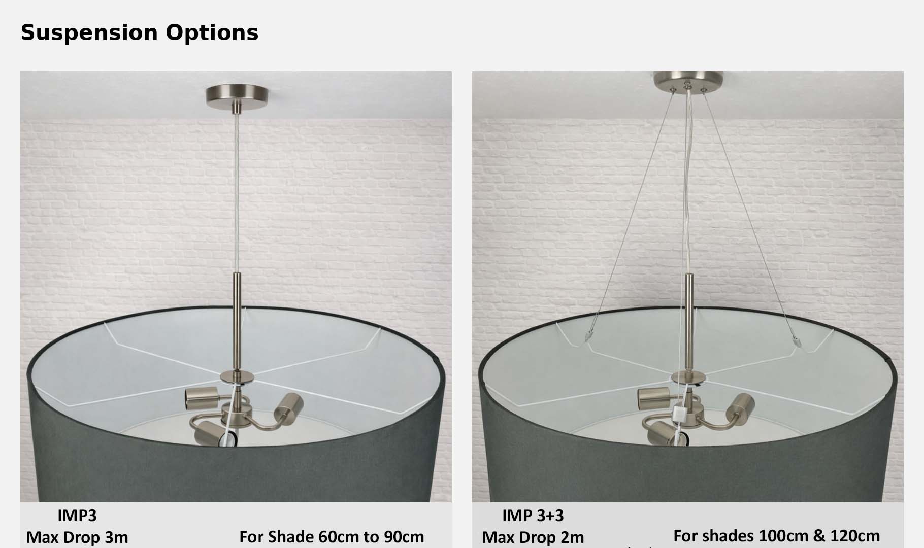 Comparison of drum lampshade suspension options showing IMP3 and IMP3+3 fittings for different shade sizes