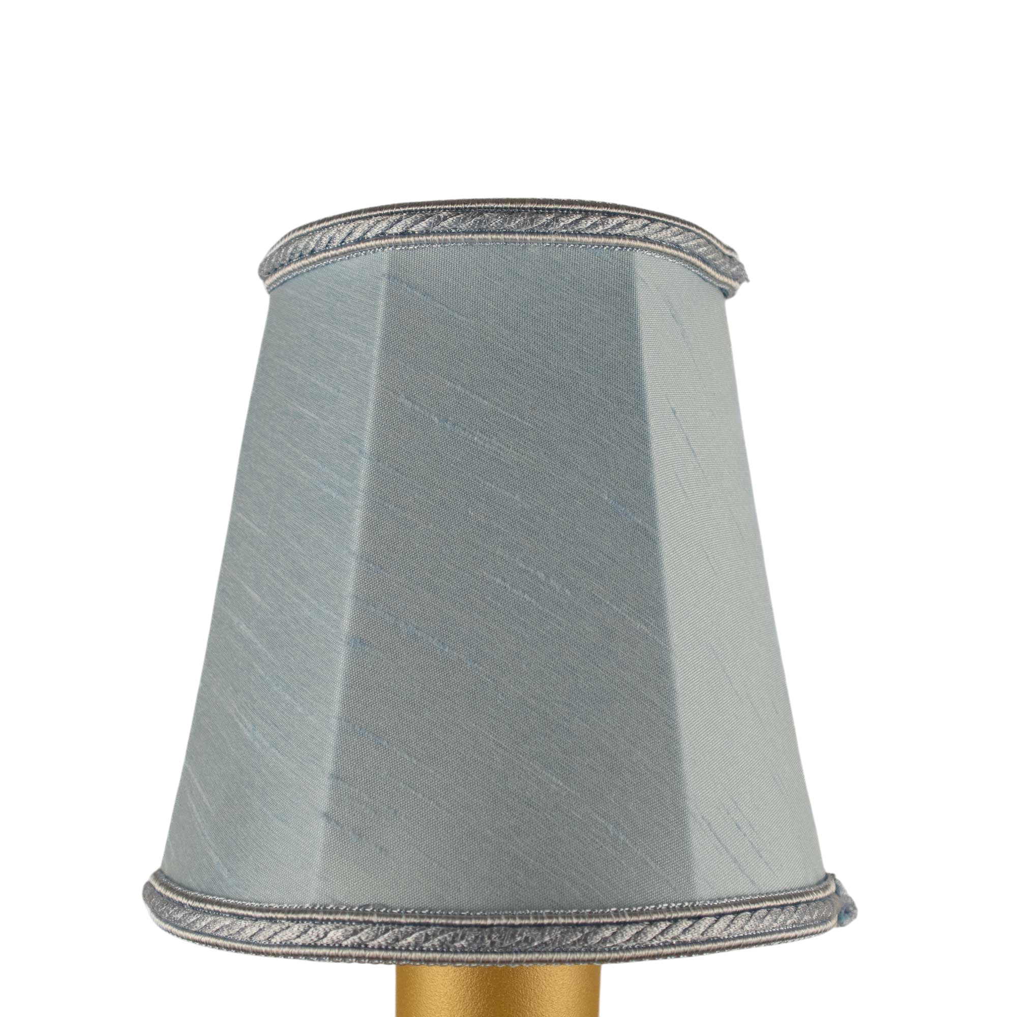 Empire faux silk chandelier shade in pale blue with matching rope trim