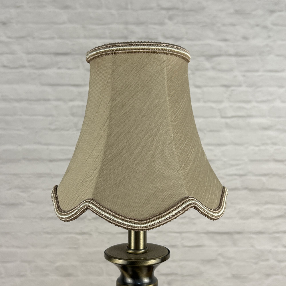 Fawn faux silk scalloped chandelier shade with oyster soutache trim unlit