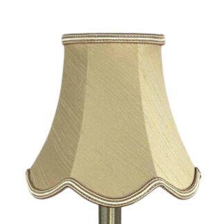 Scalloped faux silk lampshade in fawn with oyster soutache trim