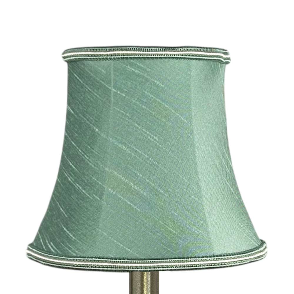 Bowed faux silk chandelier shade in green with oyster soutache trim