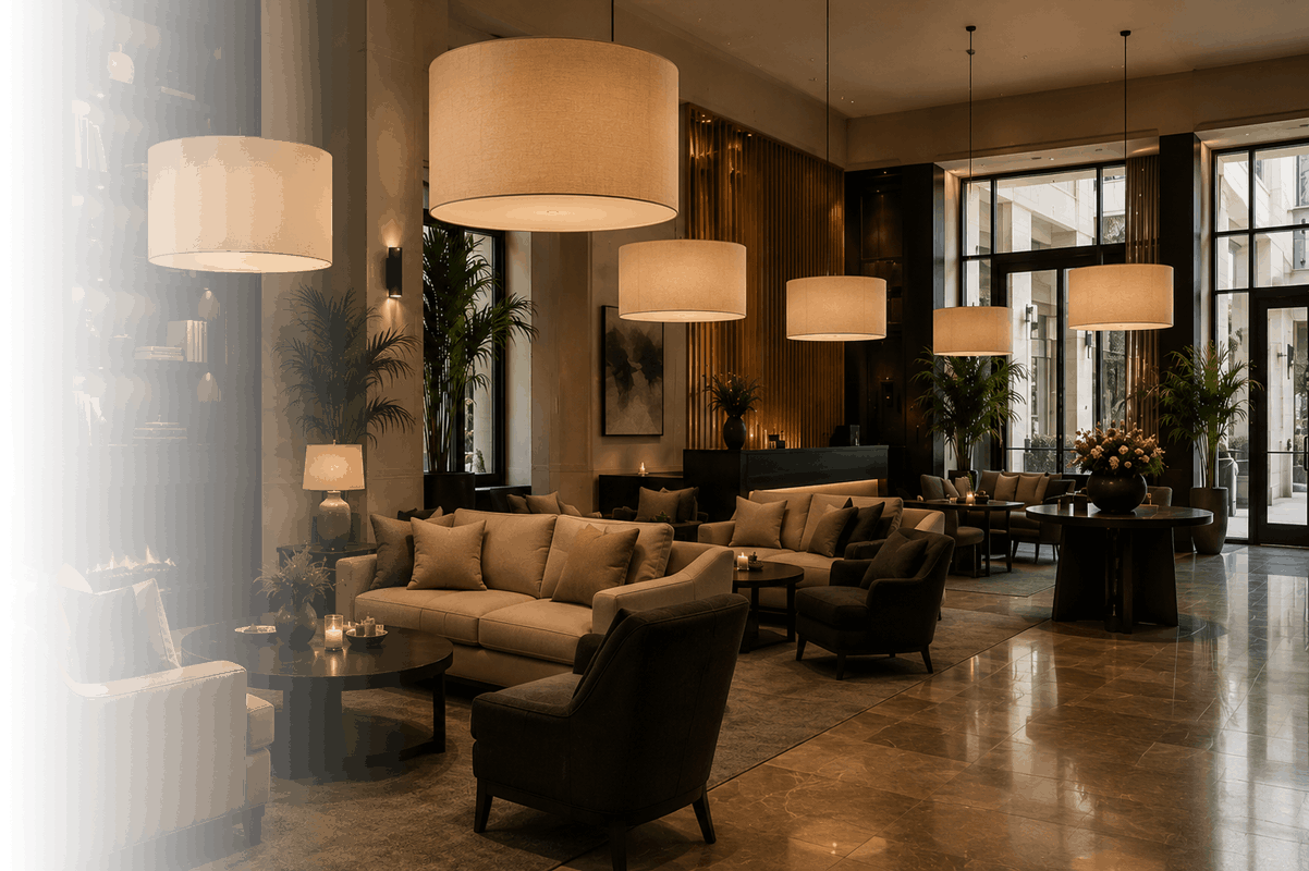 Trade Drum Shades Handmade trade lampshades used as pendant lighting in a stylish hotel reception